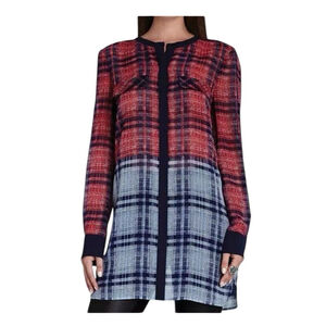 Large BCBG BCBGMAXAZRIA Women's Silk Plaid Button Down Tunic Top Blouse Women's